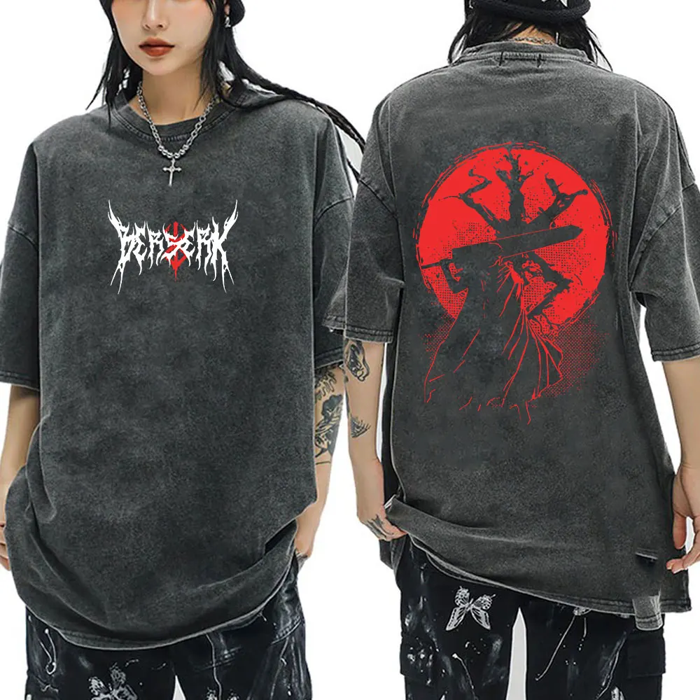 Anime Berserk Guts Vintage Washed T Shirt Manga Gatsu Griffith Zodd T-shirts Men Women Clothing Cotton Casual Oversized T-Shirt