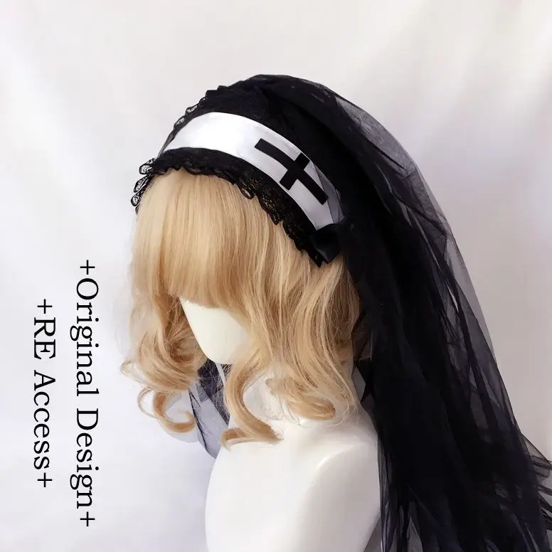 Gothic Lolita Black Lace Veil Headpiece, Nun Cosplay Costume Acessórios, lenço para mulheres, menina, Halloween, Carnival Party, Role Play