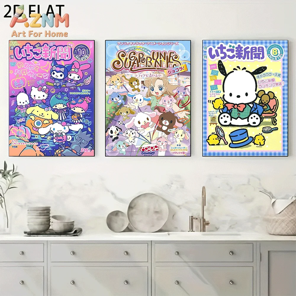 AZNM Sanrio Pochacco Canvas Wall Art Unframed Cute Cartoon Magazine Cover Halloween Party Theme Print Painting Bedroom Home Deco