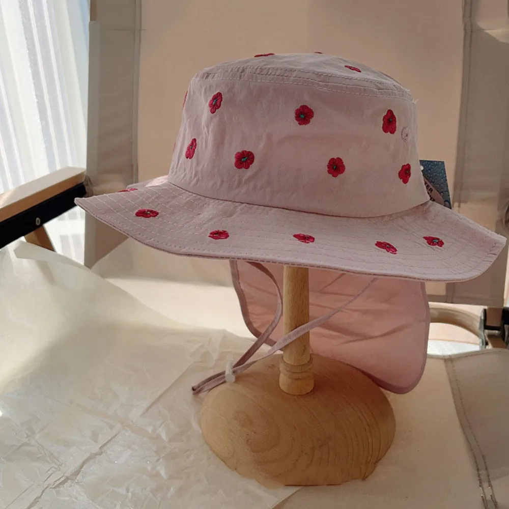 

Fashion Cartoon Embroidery Children Panama Cap Neck Protection Quick-dry Baby Sun Hat Wide Brim Sunscreen Bucket Hat Beach