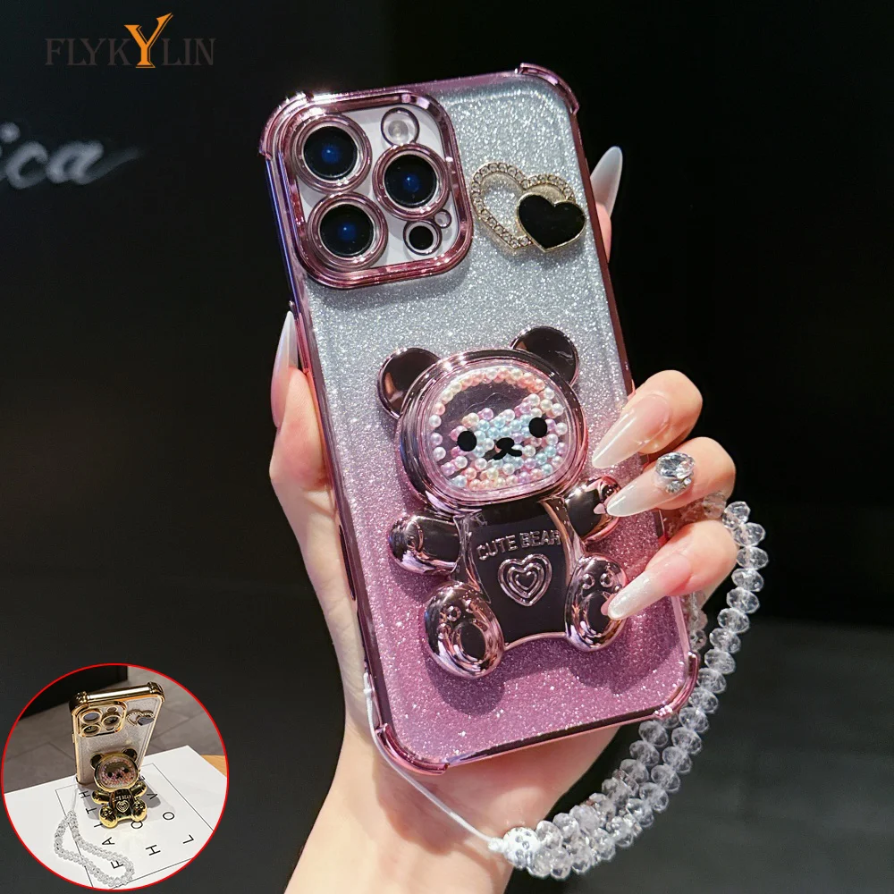 

FLYKYLIN Pearl Bear Bracket Phone Case For Xiaomi Redmi 14C 13 13C 12 12C 10C 10A 10 9C 9A 9 Shock Resistant Protective Cover