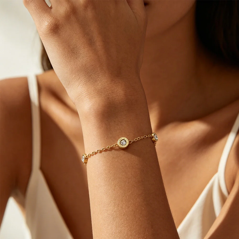 Fashion Roman Numerals Cubic Zirconia Wrist Chain Bracelets Stainless Steel for Women Golden Bling Crystal Bracelet Bijoux Gifts