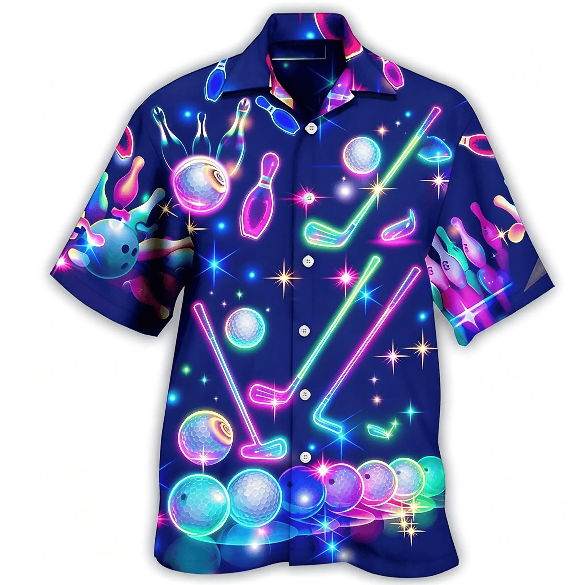 

Men's Neon Golf Bowling Print Short Sleeve Shirt, Casual Sports Hawaiian Button Up Shirt for Spring & Summer