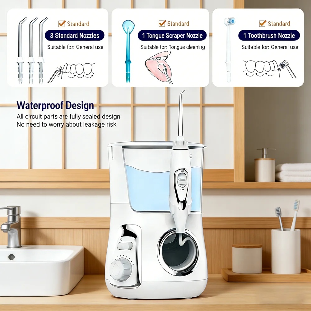 

Электрический ирригатор для полости рта с большим резервуаром 800 мл, 10 режимов, настольный, семейный набор для ухода за зубами с 5 насадками