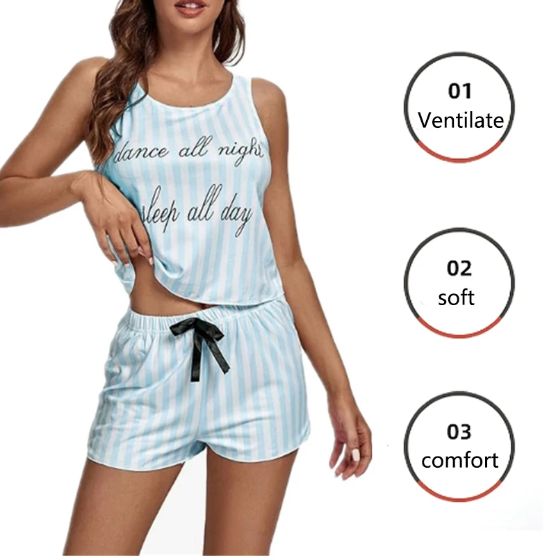 2pcs/Set Sexy Erotic Pajamas Printed Round Neck Set Blue Letter Striped Tank Top Homewear Pajama Set Sport Camisole And Shorts