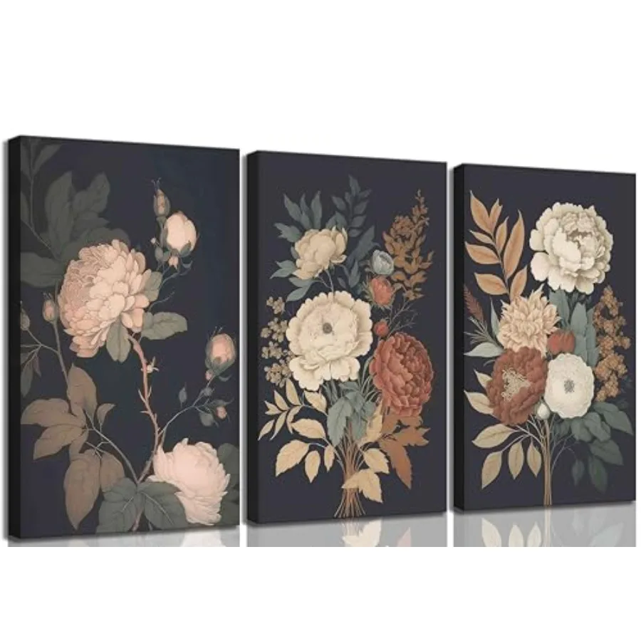 

Набор из 3 винтажных картин на холсте: Пейзаж с пионами, темный цветочный мотив, рустикальный стиль, декор для фермерского дома, постеры