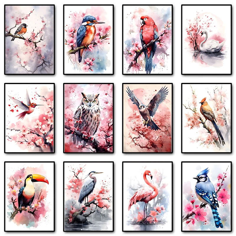 1pc frameless Canvas Painting (No frame)1pcsBird Watercolor Poster Blue Jay in Cherry Blossom Toucan Owl Peacock Canvas Painting