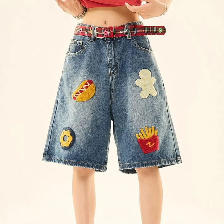 2026 summer new wide-leg straight five-point pants American retro burger fries towel embroidered denim shorts