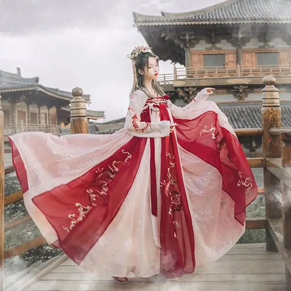 

Древний женский ханьфу ‌ Оригинальный комплект Hanfu - традиционная китайская одежда Ruqun с длинным рукавом и высокой талией, женский костюм на Хэллоуин