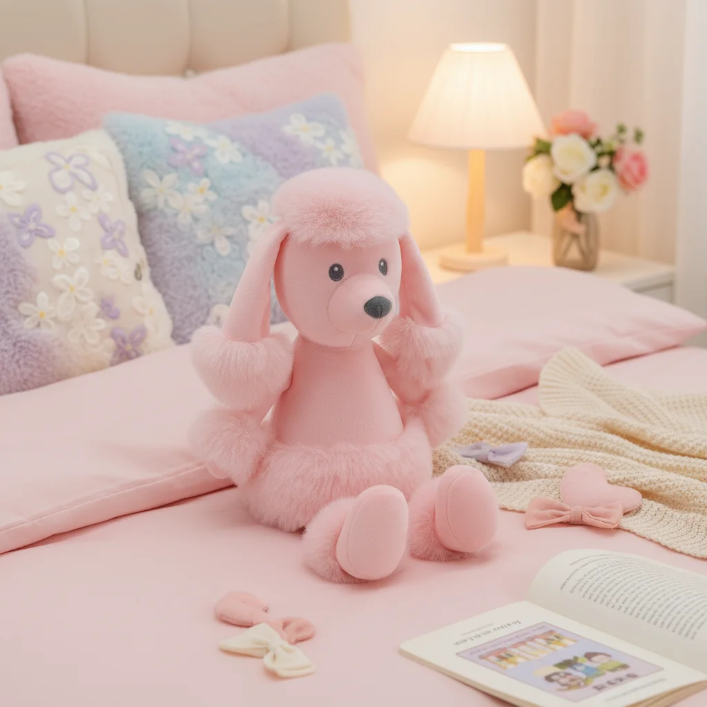 Soft Pink Poodle Plush Toy Long Ears & Limbs Fluffy Stuffed Animal Doll for Kids Girls Birthday Christmas Gift Home Bedroom
