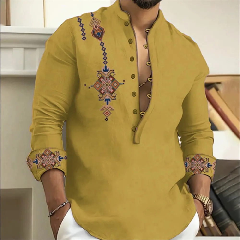 Camicia Tribe Pattern Stampa Geometria retrò Leads Abbigliamento uomo musulmano Camicia a maniche lunghe Super Large Size Erkek Kiabweetleri