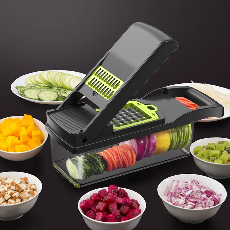 Vegetable Slicer 12 in 1 Green Multifunctional Manual Vegetable Slicer Drain Basket Kitchen Tools Household Gadgets