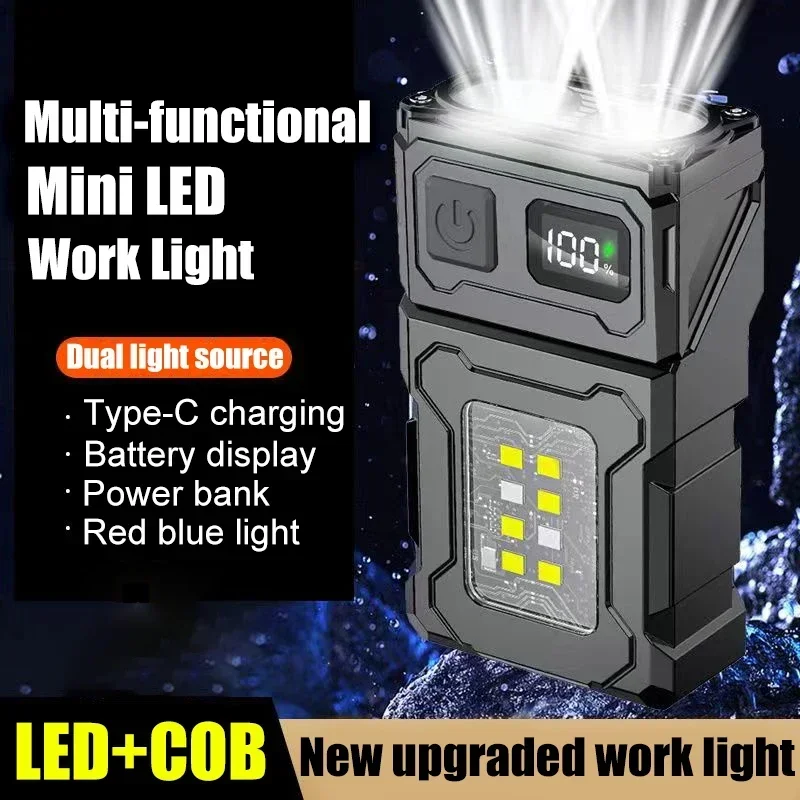 Multi-function Mini LED COB Flashlight Dual Light Source Super Bright Portable Torch Type-C Rechargable Camping Emergency Lamp