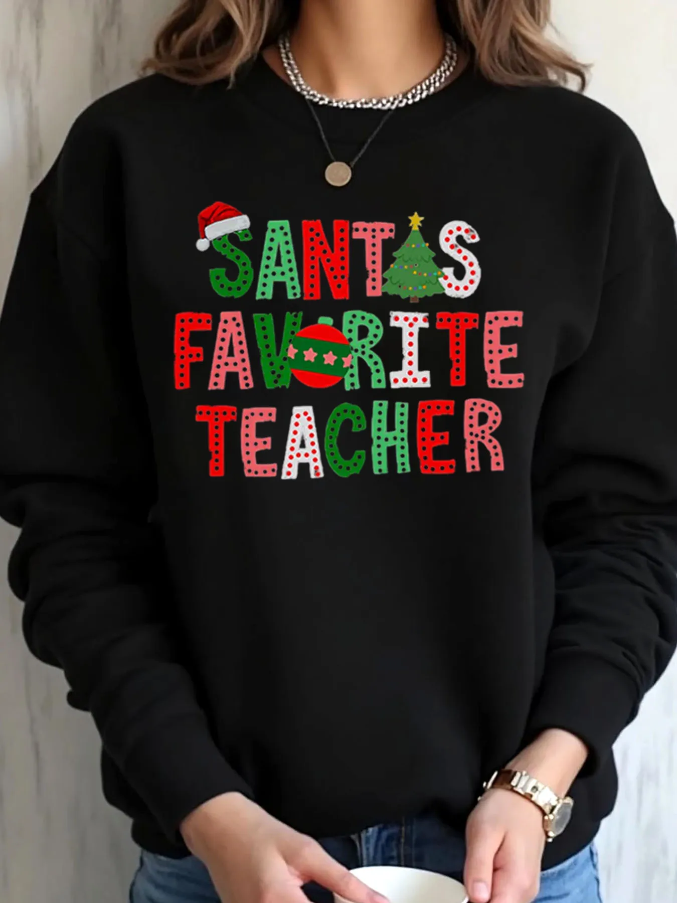 

Женская толстовка большого размера с рождественским принтом Санта-Ллауса и любимым учителем, верхняя одежда