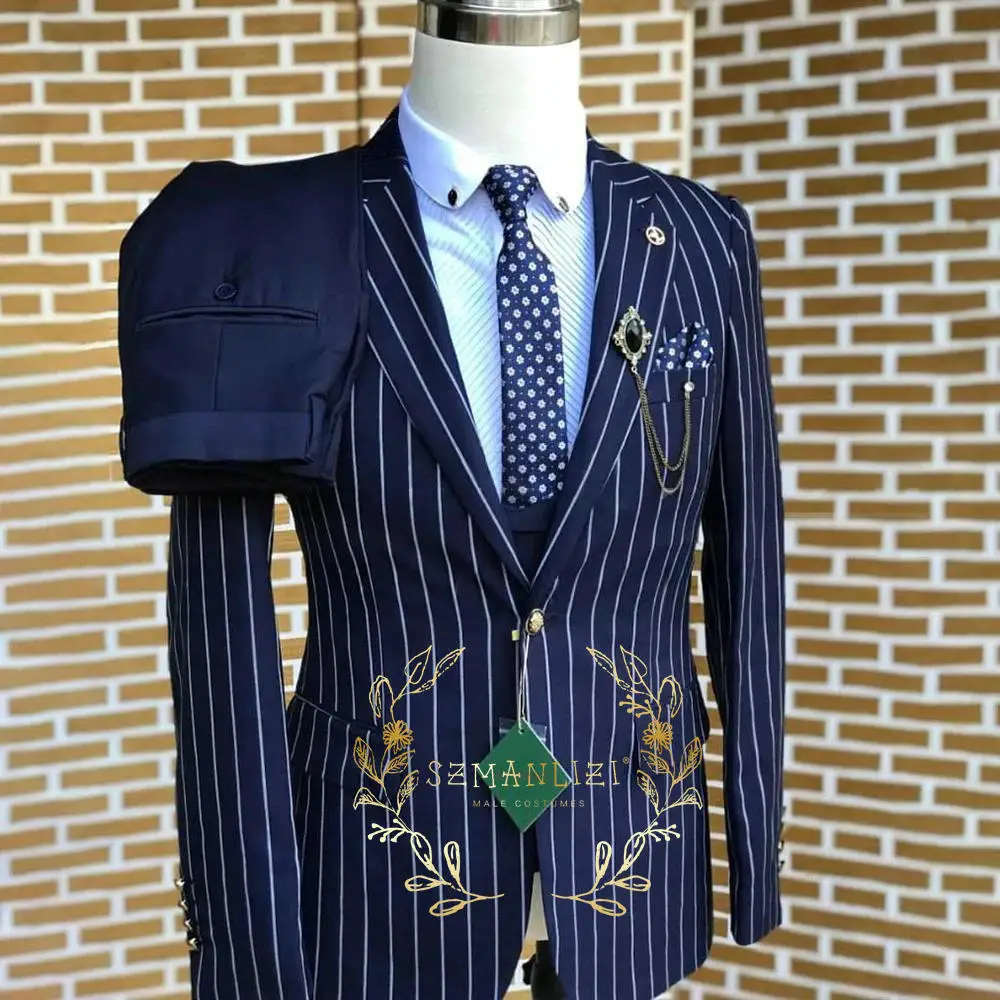 

Navy Blue Stripe Formal Men Suits Single Breasted Blazer Business Groom Tuxedo Slim Fit 3 Pcs Fashion Suit (Jacket+Vest+Pants)