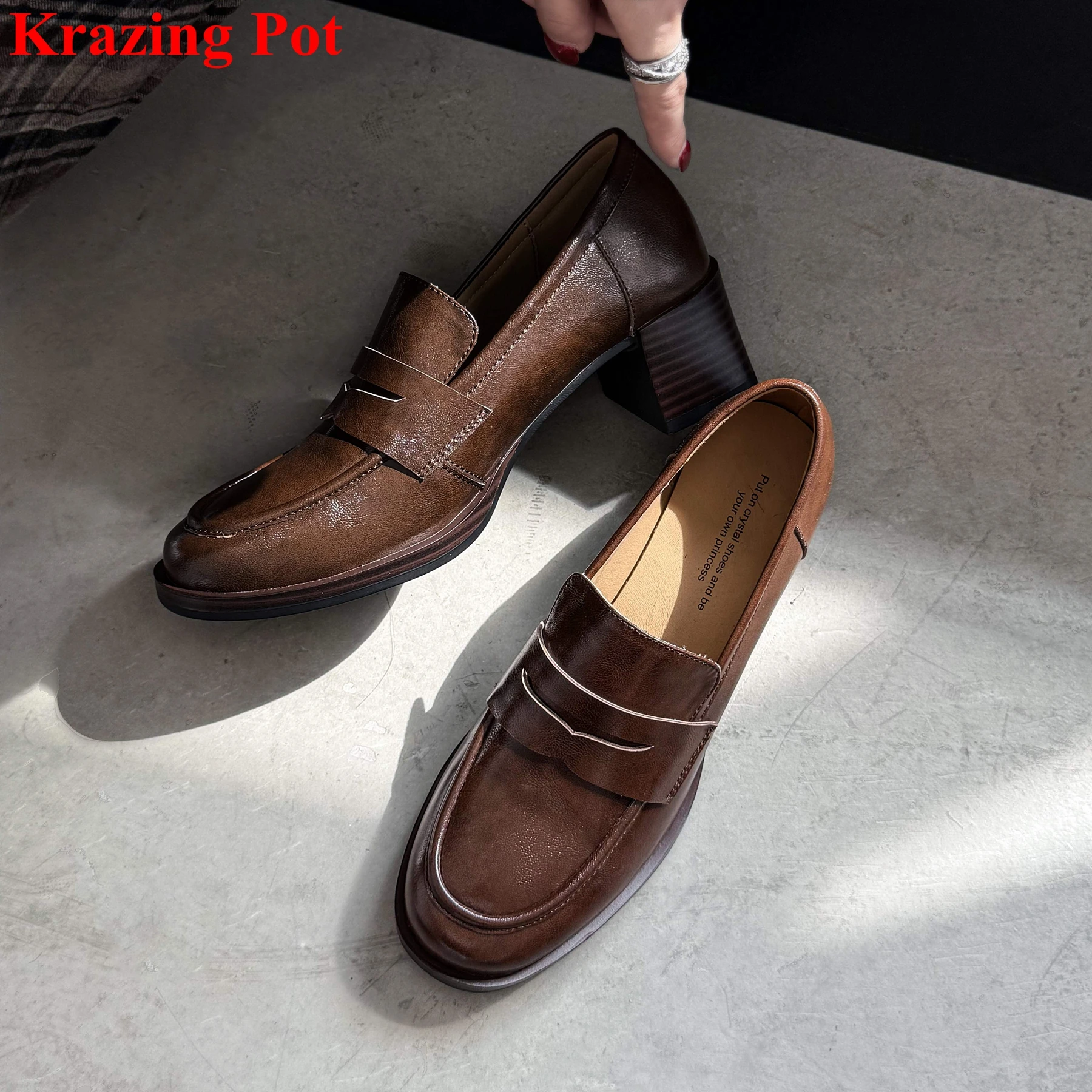 

Женские туфли-лодочки Krazing Pot из натуральной кожи с круглым носком на высоком каблуке, неглубокие, для весны и осени, для свиданий и вечеринок, ретро, повседневные, без застежки