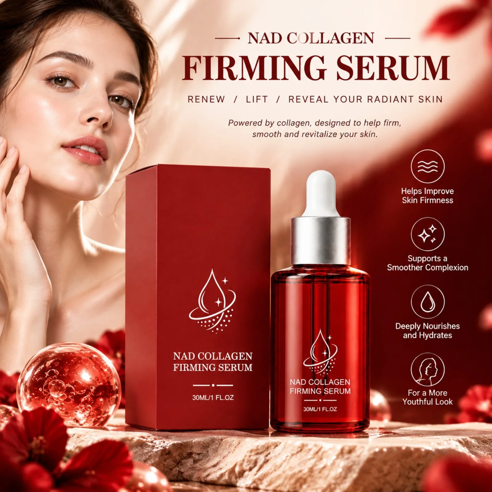 NAD + Firming Essence Collagen Serum Tightening Lifting For Skin Fine Lines Lightweight Fast Absorbing Morning Daily Facial Care