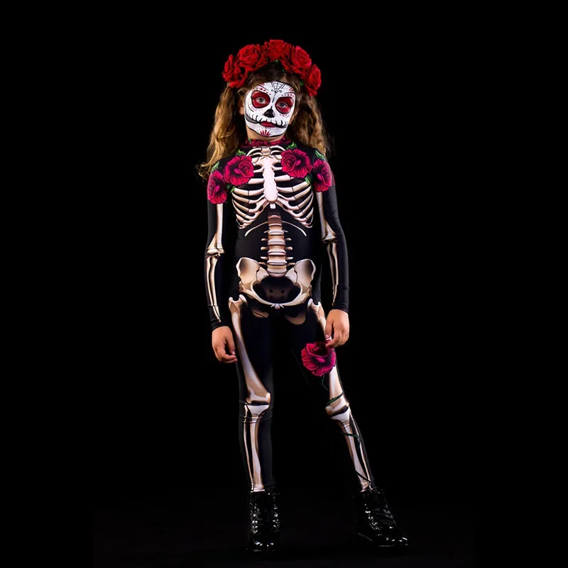 2026 Mädchen Jungen Gothic Geisterbraut Cosplay-Set Skelett-Rosen-Print Bodysuit für Kinder Halloween Karneval Kostüm-Party – Detail 10