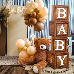 1Set Wood Grain Baby Shower Boxes Wood Grain Brown Blocks BABY Balloons Boxes for Bear Baby Shower Birthday Baptism Party Decora