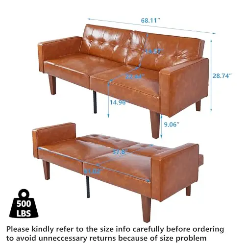 Convertible Futon Sofa Bed with Split Back,Modern Brown PU Leather Sleeper Couch Beds,68.11