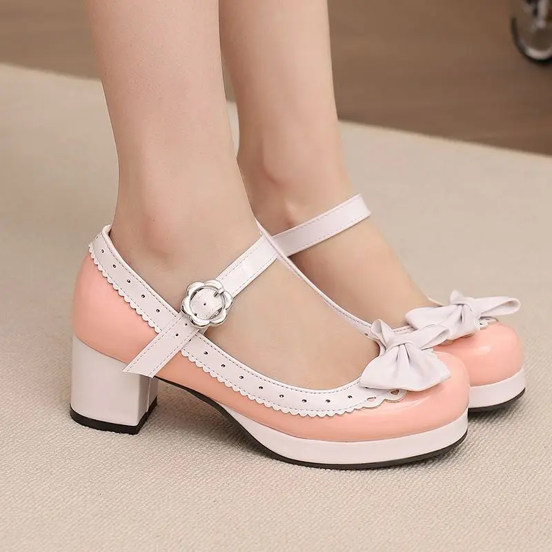 REAVE CAT Lolita Women Pumps Round Toe Chunky Heels Buckle Strap Bowknot Mixed Color 46 47 48 Sweet Daily Girls Shoes