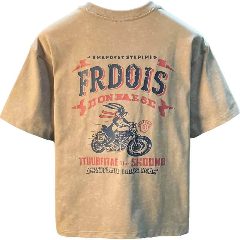 تي شيرت غير رسمي بأكمام قصيرة للرجال صيف 2025 كاكي حنين ريترو مطبوع فضفاض للرجال
