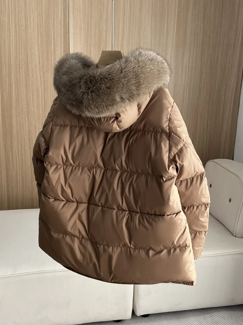 Lagabogy 2024 Women Winter Puffer Jacket Natural Real Fox Fur Female 90% White Duck Down Coat Short Hooded A-Shaped Cape Outwear