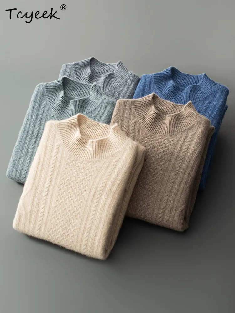 

Tcyeek, 35% Cashmere 65% Wool Loose Sweater, Men Mock Neck Twisted, Business Casual Warm Soft Knit Top, Autumn Winter T47818QM
