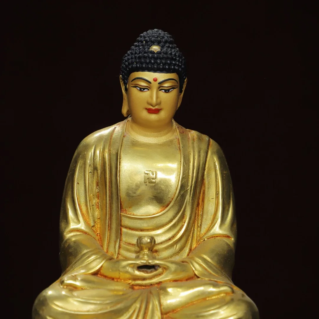 7"Tibetan Temple Collection Old Bronze Gilded Cinnabars Mosaic Gem Shakyamuni Buddha AmitabhaLotus Terrace Worship Hall