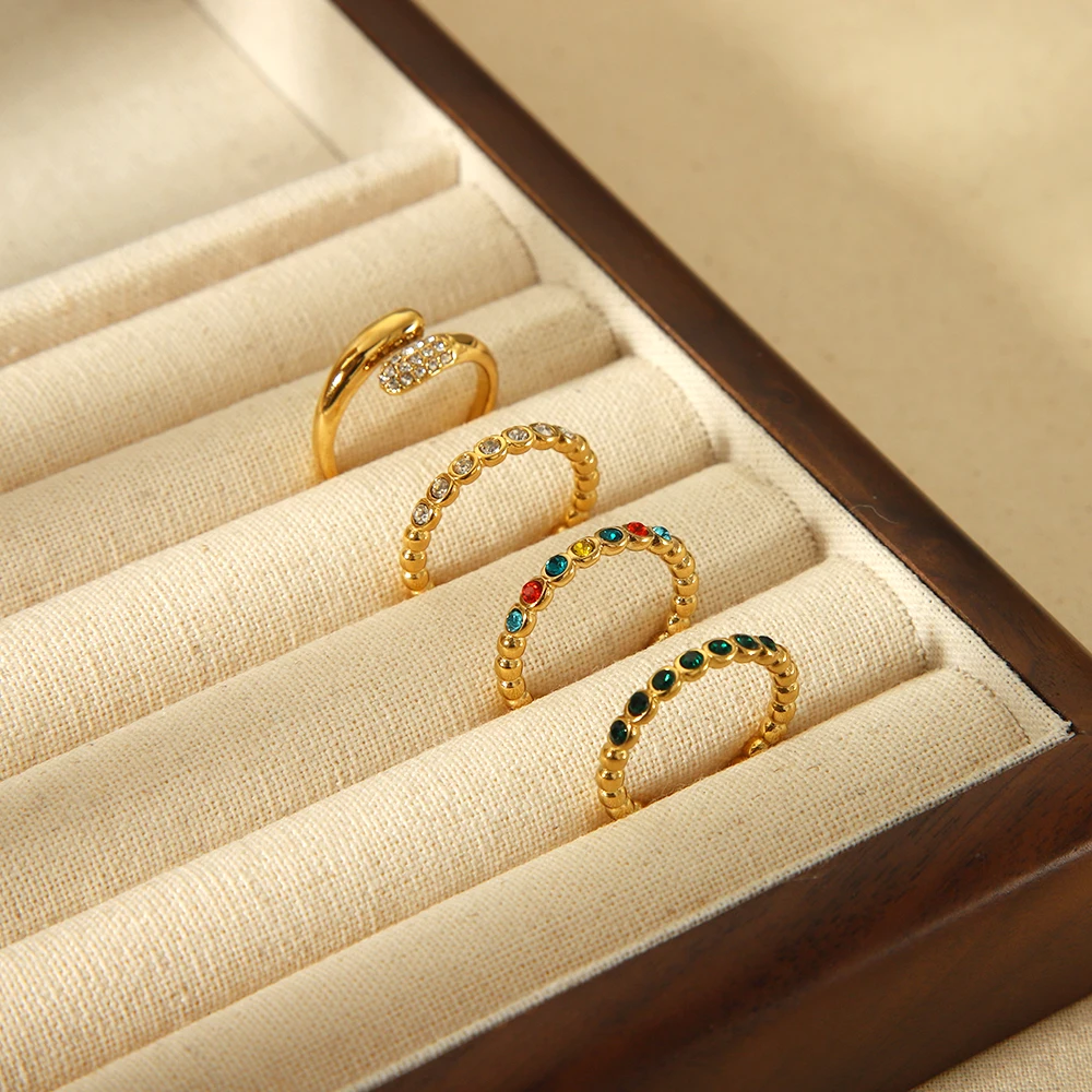 Minimalist Metal Beads Ring Stainless Steel PVD 14K Gold Plated Colorful Stone Paved Bypass Open Ring Chic Fashion Jewelry Gift