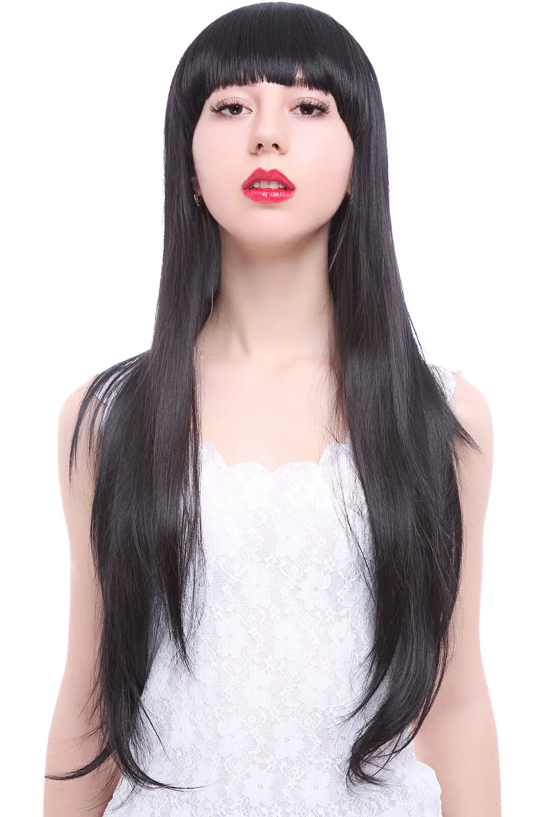 Anime Fashion Women Black Cosplay Wigs 70cm Long Straight Synthetic Hair