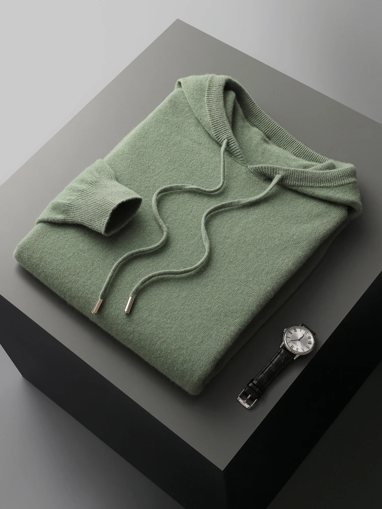 Autumn Winter Men's Sweater Pullovers Hooded Cashmere 100% Merino Wool Knitwear Casual Long Sleeve Jumpers Male Clothes Tops New