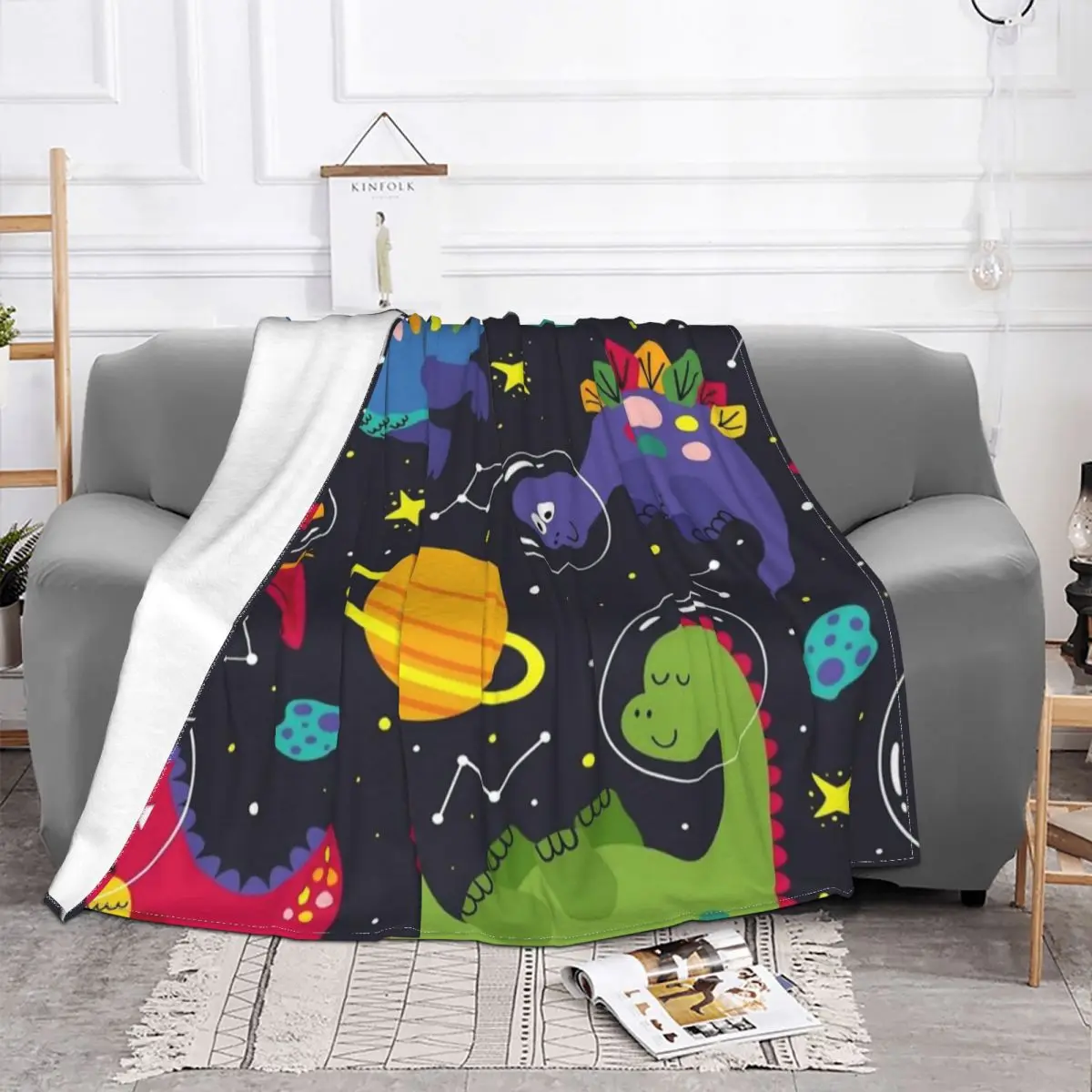 Cute Dinosaur Seamless Blankets Dino Cartoon Space Flannel Awesome Breathable Throw Blanket for Bedding Lounge Spring/Autumn