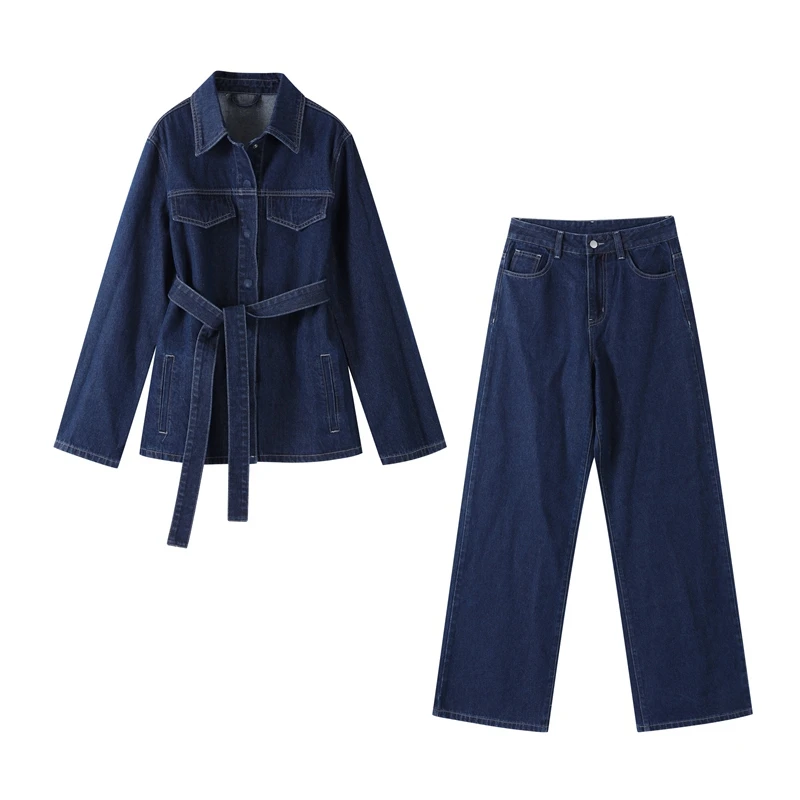 Zweiteiliges Vintage-Jeans-Set für Damen, einreihig, Reversgürtel, Jacke, passende Jeans mit hoher Taille und geradem Bein, lässiges tägliches Outfit – Detail 1