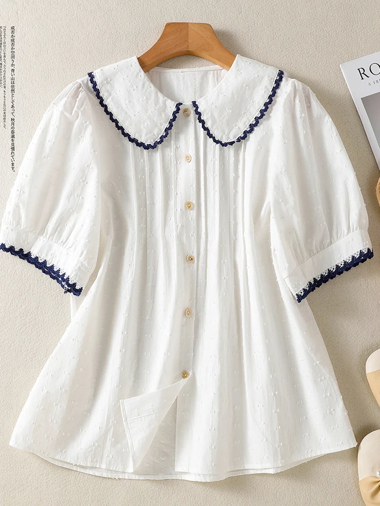 

Embroidered T-Shirt Short Sleeve Summer Artistic Design Lotus Leaf Collar Anti-Aging Top Breathable Casual Wear for Women