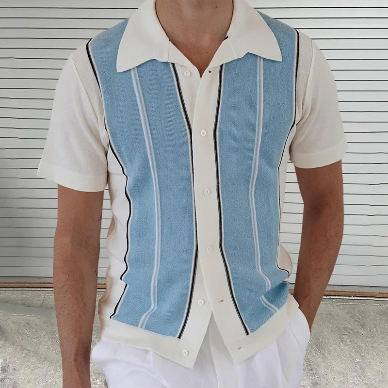 Short Sleeved Men Shirt New Fashion Versatile Man's Knitted Slim Fit Polo Collar Cardigan Top for Female Streetwear 2024 Summer