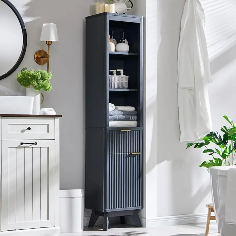 Tall Bathroom Narrow Storage Cabinet with Adjustable Shelf and Drawer, Curved Profile Linen Tower for Bathroom