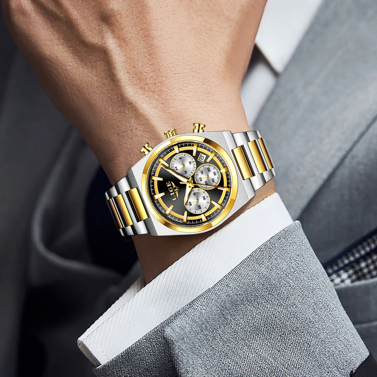 LIGE ファッション高級クォーツマンウォッチビジネス紳士ステンレス鋼バンド自動日付生活防水発光腕時計男性 + ボックス