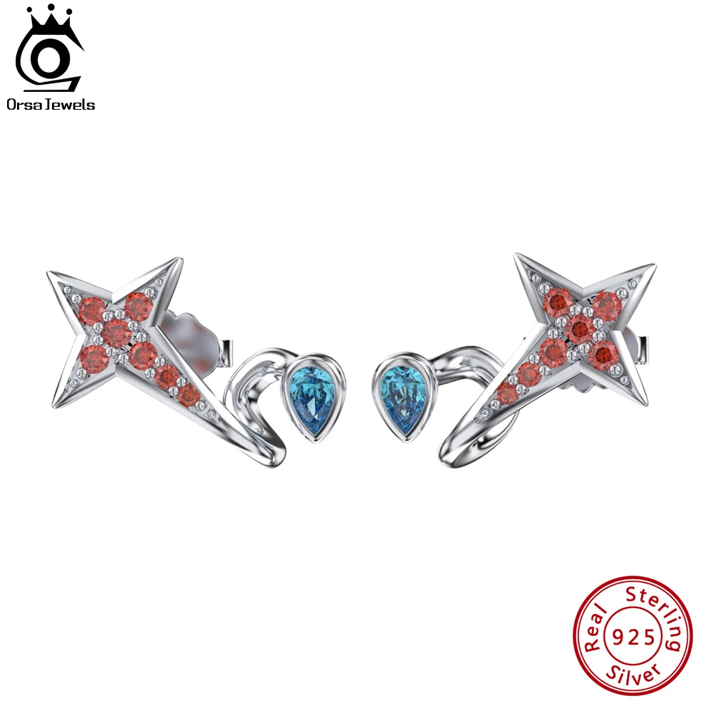 

ORSA JEWELS 925 Sterling Silver Sparkling Blue Star Earrings for Women Fashion Star Full Red Zircon Earrings birthday Gift EQE82