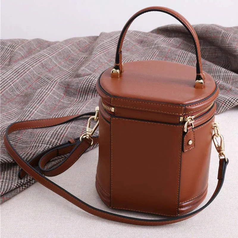 Vintage PU Leather Bucket Box Bags for Women Cylinder Zipper Handbags with Top Handle Ladies Totes Bags Shoulder Messenger Bags