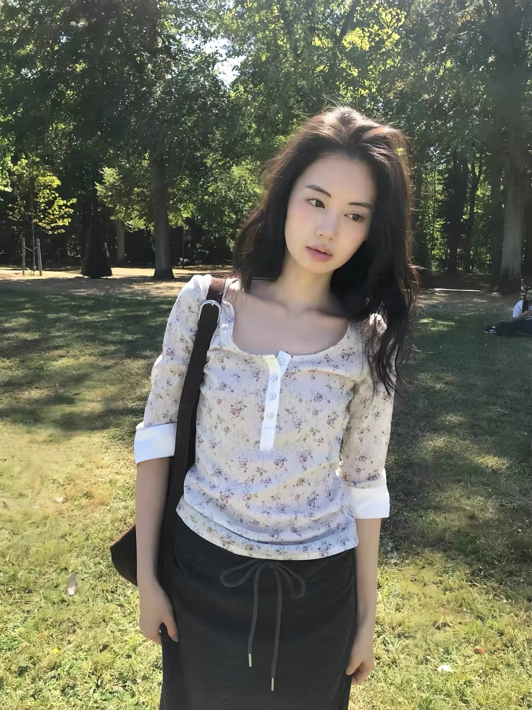 Loose Floral Print Half Sleeve Henry Collar Skirt Set Women's Autumn Winter Casual Style Cotton T-shirt Ensemble