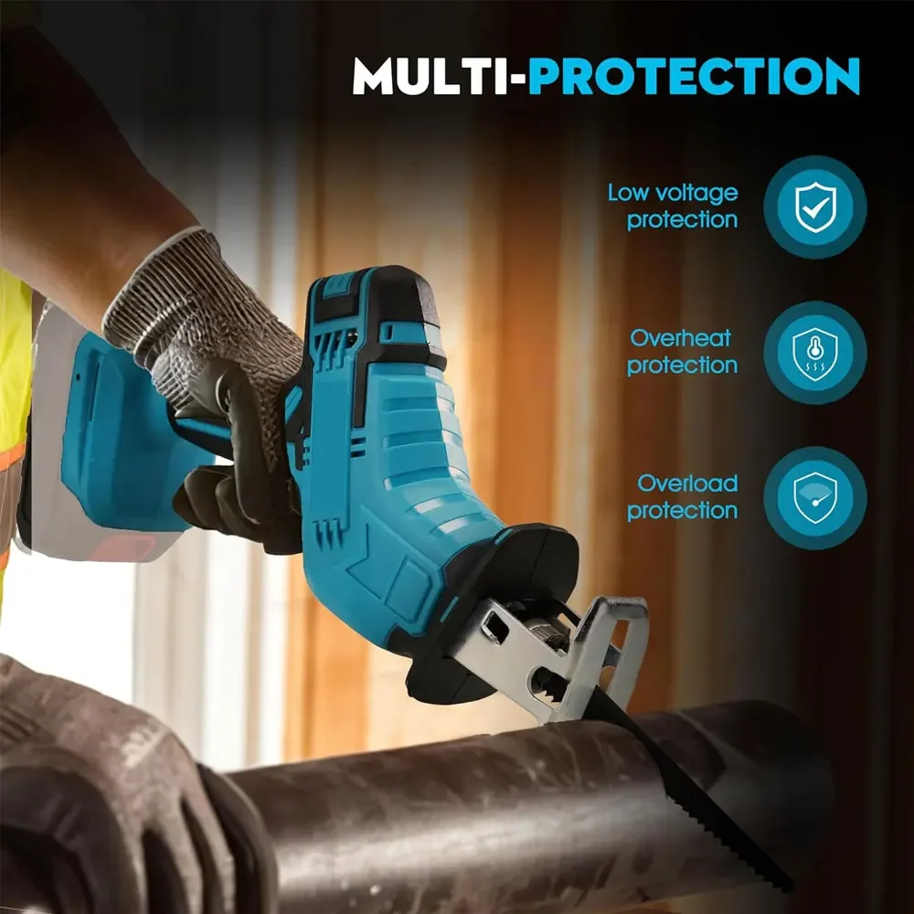 18V battery reciprocating saw mini electric saw for wood/metal/PVC cutting with 4 blades for hand saw woodworking (No battery)