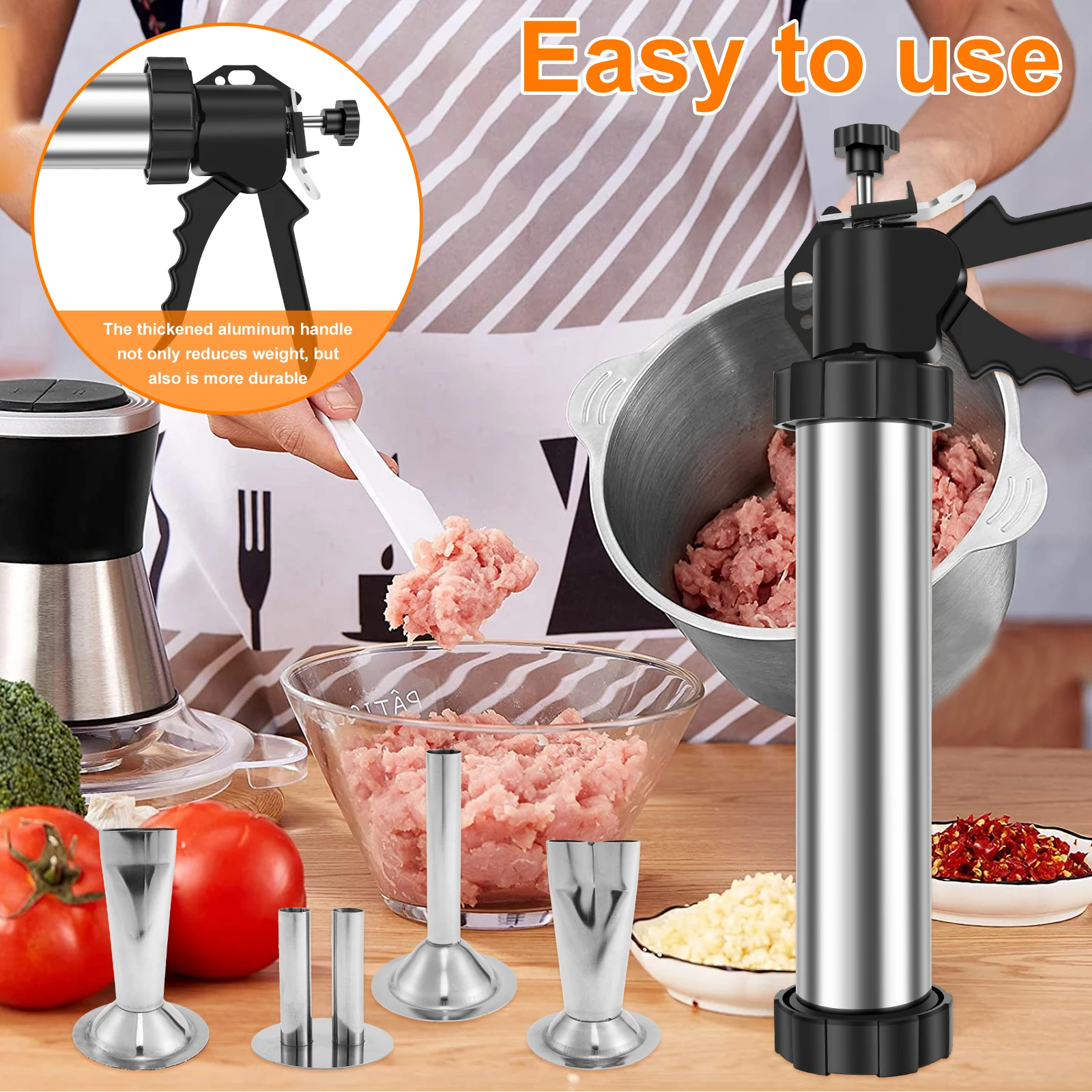 Stainless Steel Sausage Stuffer Jerky Gun Manaul Meat Syringe Home Made Homemade Sausage Tool for Home Kitchen Jerky Stuffer Kit