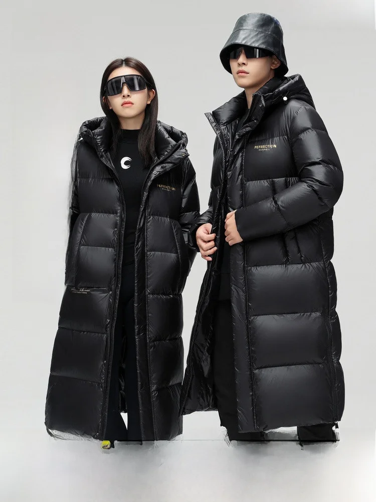 

Snow Flying Long Hooded Thickened Spring down Jacket for Couples Men Women Stylish Business Casual Outdoor Black Fashionable