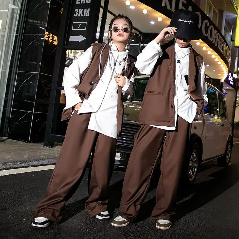 Boys Girls Streetwear Fashion Show Hip Hop Loose Suits Set Vest Pant Children Waistcoat Trousers Tracksuits Kids Stage Clothing