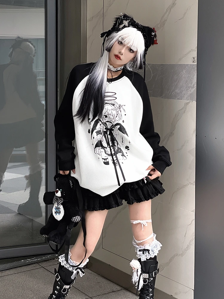 Japanese Subculture Animation Girl Print Shirt Tops Long Sleeve Round Neck Lace-up Bow Loose Casual Versatile Sweatshirts Women