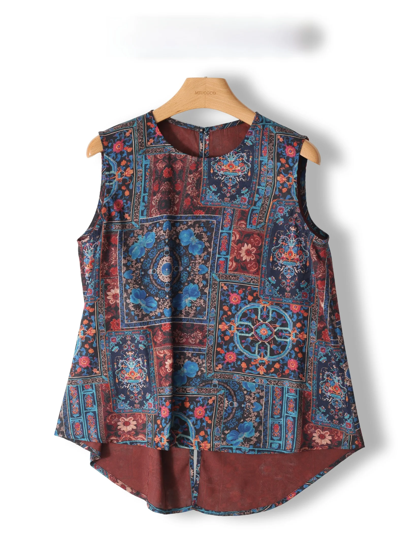 

New Chinese Style Heavyweight Retro Xiangyun Silk Print Sleeveless Top Women's Ethnic Loose Fit Blue Vest round Neck Mid-Length