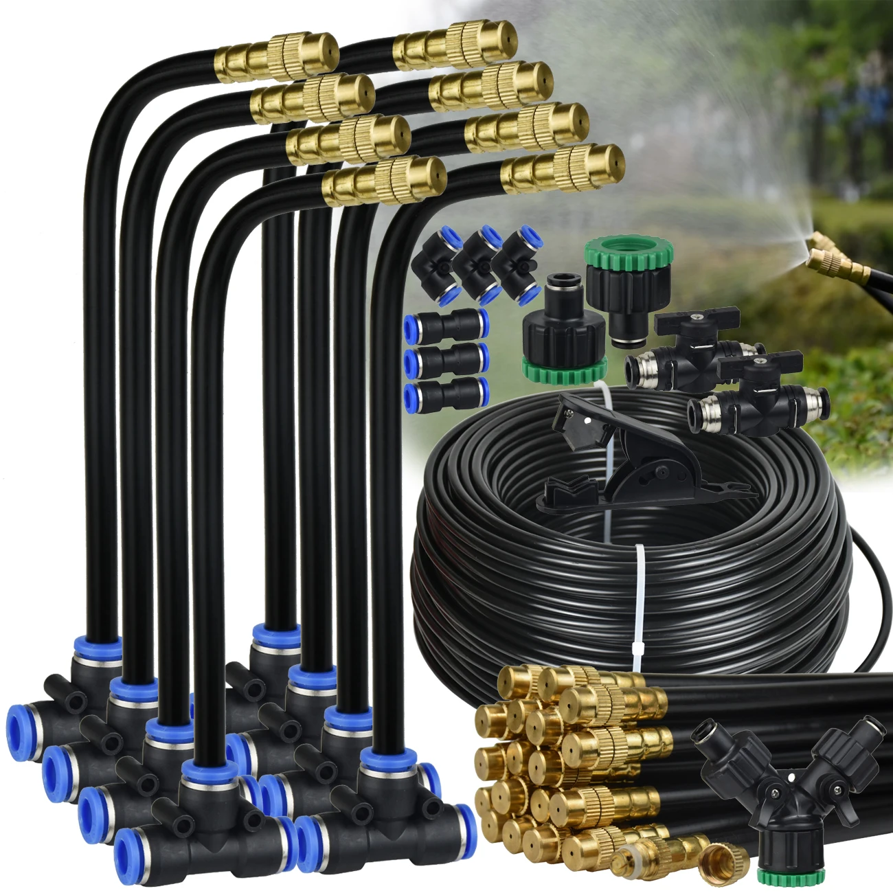 Système de brumisation DIY pour jardin 5-30M, pulvérisateur nébulisateur à brumisation par compression, buse en laiton pour tuyau PE 5/8mm, pour extérieur, patio, serre