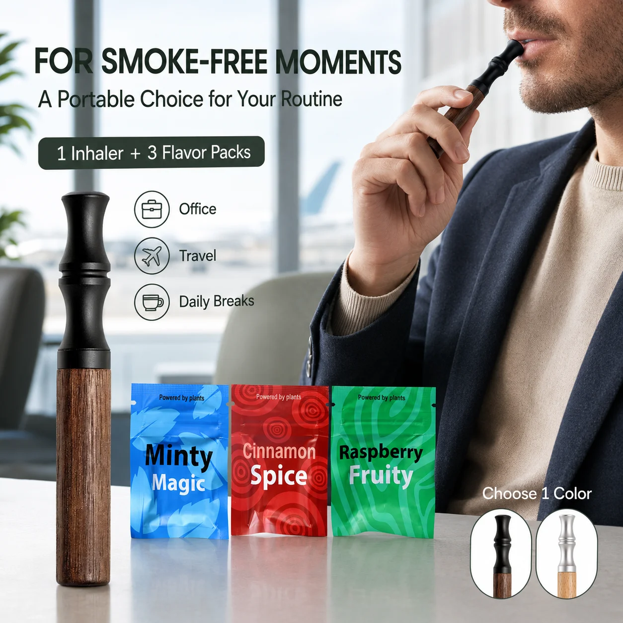 Plant Based Flavor Inhaler Kit Wooden Aroma Breathing Stick Replaceable Cores Adjustable Airflow Portable Travel Daily Use