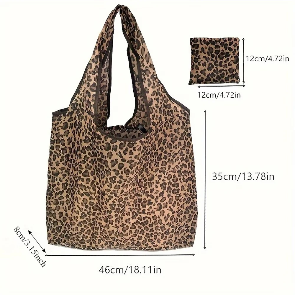 Foldable Leopard Print Tote Bag——Made from Lightweight and Durable Nylon/Polyester Material, with a Brown Spotted Pattern Design, Leak-Proof Casual Handbag, Suitable for Travel, Grocery Shopping, Daily Use, and Casual Wear